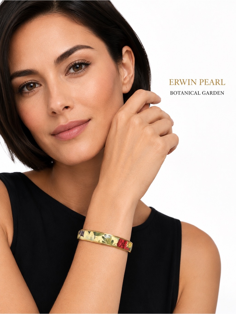 Erwin Pearl Bangle Cuff Bracelet NY Botanical Garden Gold Plated Enamel Floral